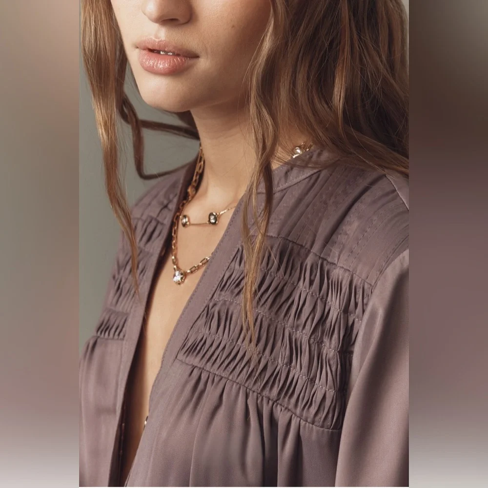 Pilcro Long-Sleeve V-Neck Mini Shirt Dress in Shark - Picture 3 of 4